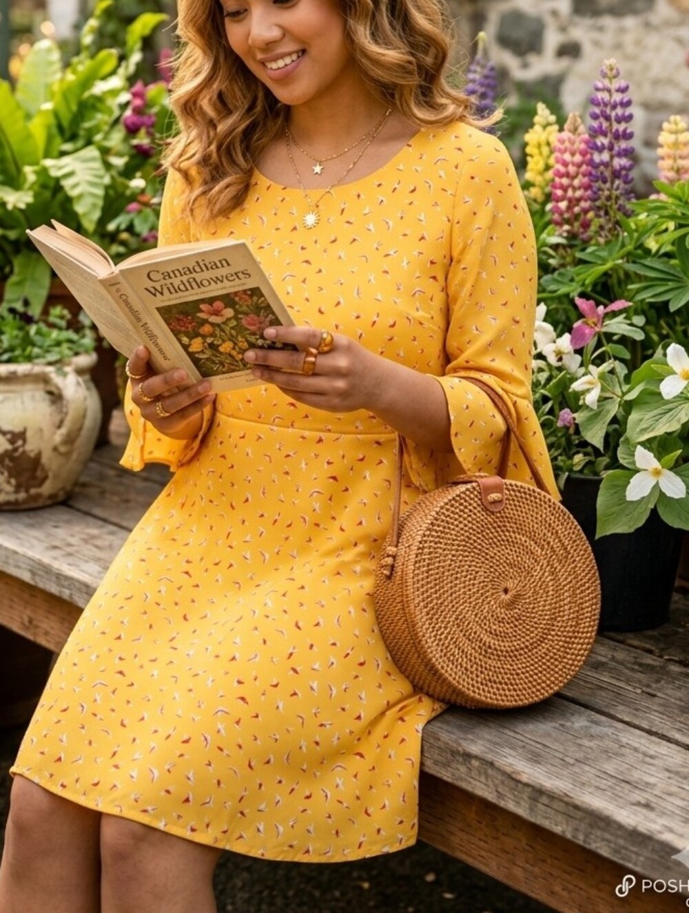 Twik bird print fit and flare dress in Marigold yellow sz M
